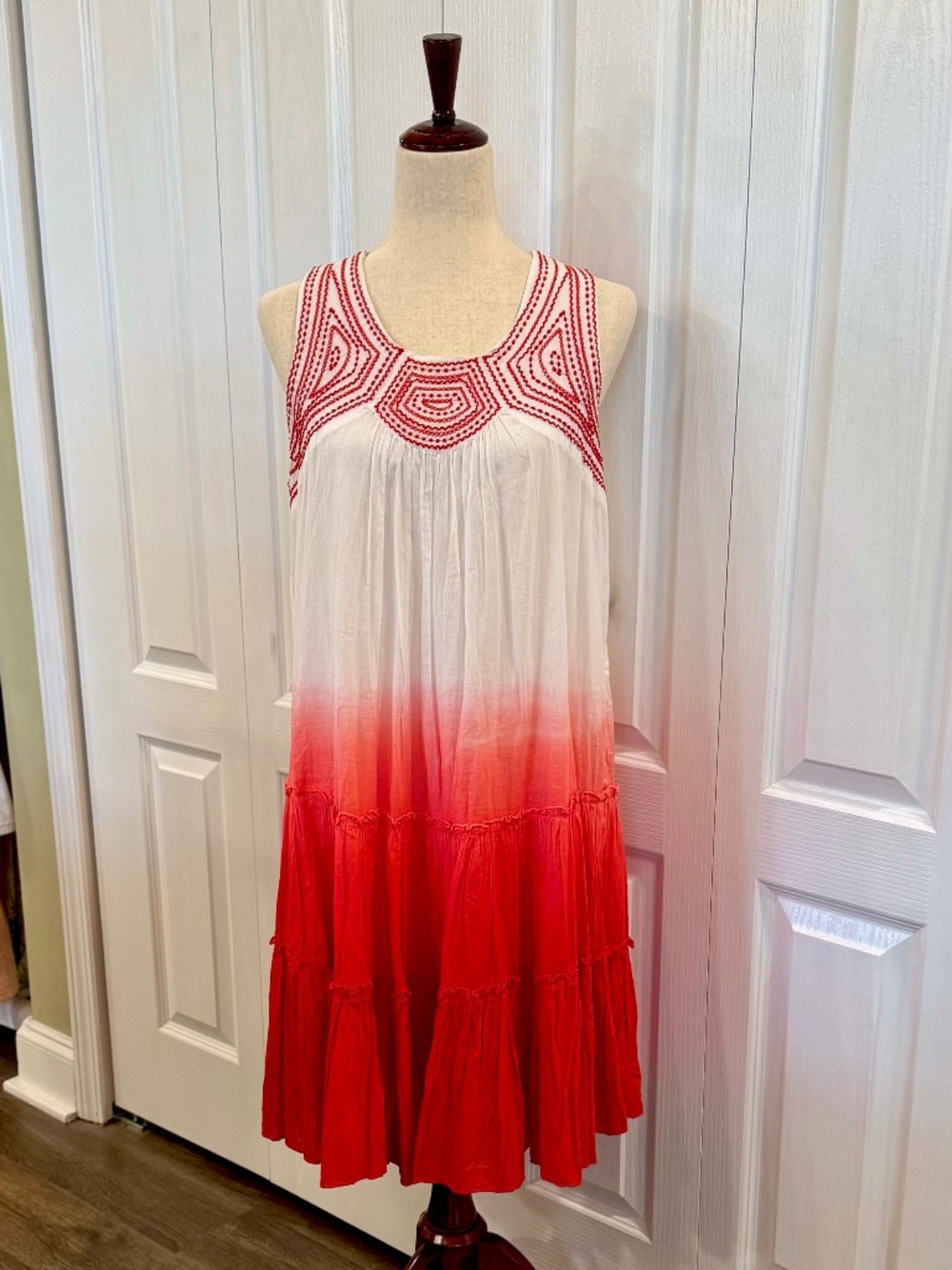 Women's Size M, Midi Red Ombre Embroidered, Tiered, Lined Cotton Dress by Vasna